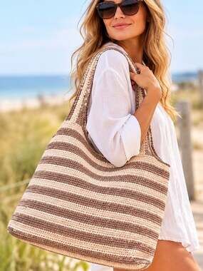 NWT Beach Riot Nantucket Tote Taupe Stripe Woven Beach Bag New Sealed